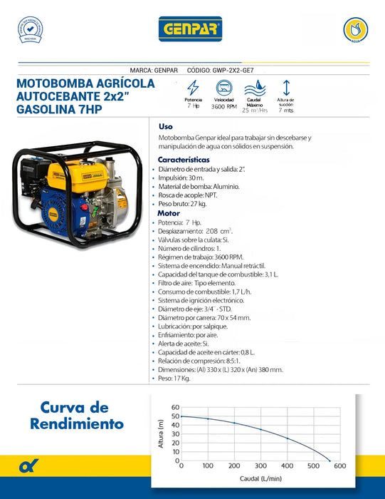 Motobomba Autocebante a Gasolina de 5 a 10 Hp, Genpar